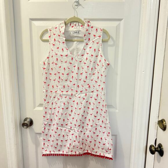 Chetta B white pink flamingo sheath dress Pom Pom retro tropical cotton sz‎ 12 - Picture 1 of 8